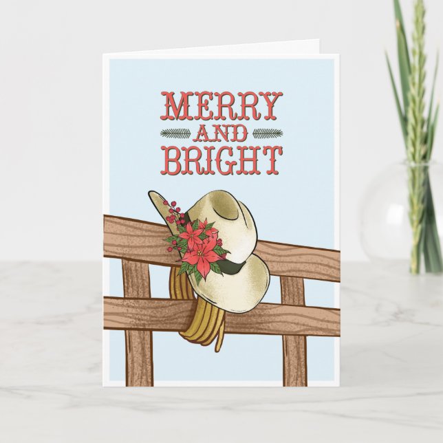 Merry And Bright Cowboy Hat with Flowers Christmas Card (Front)