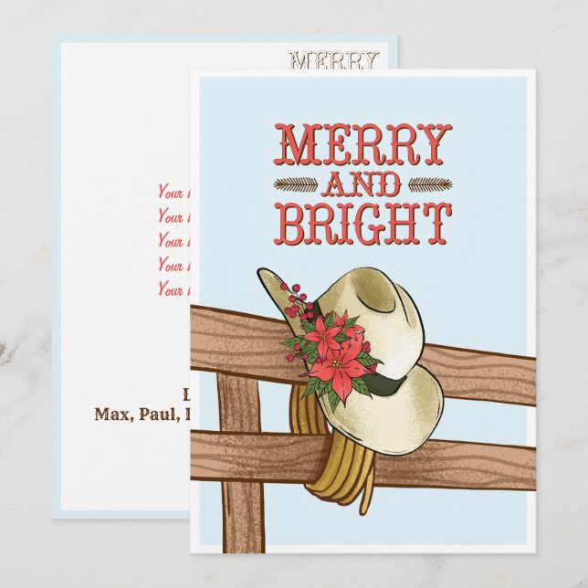 Merry And Bright Cowboy Hat with Flowers Christmas Holiday Card (Front/Back)