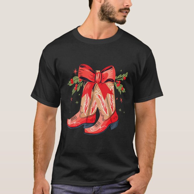 Merry And Bright Cowgirl Boot Christmas Western Co T-Shirt (Front)