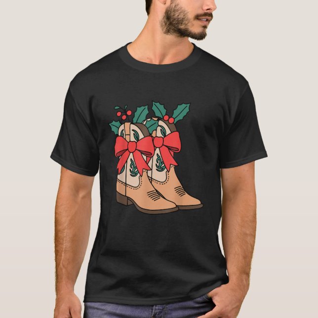 Merry And Bright Cowgirl Boot Christmas Western Co T-Shirt (Front)