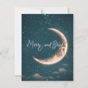 Merry and Bright Crescent Moon Twinklin Stars Holiday Card