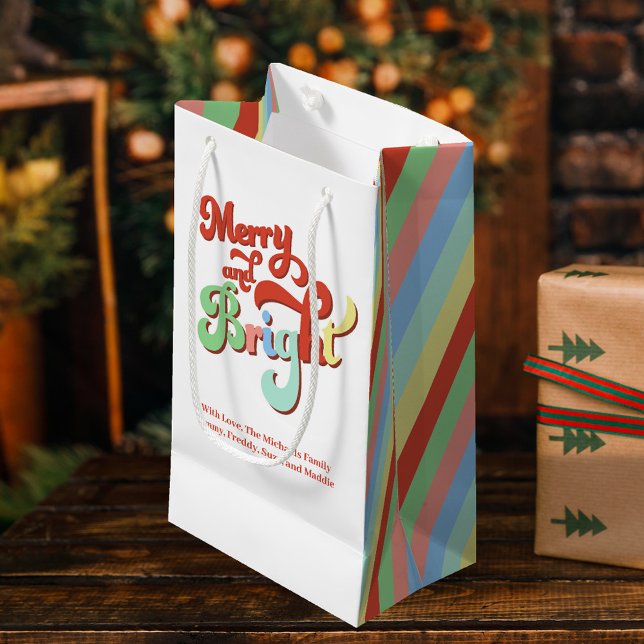 Merry and Bright Custom Christmas Small Gift Bag (Merry and Bright Christmas custom gift bag with retro typography. )