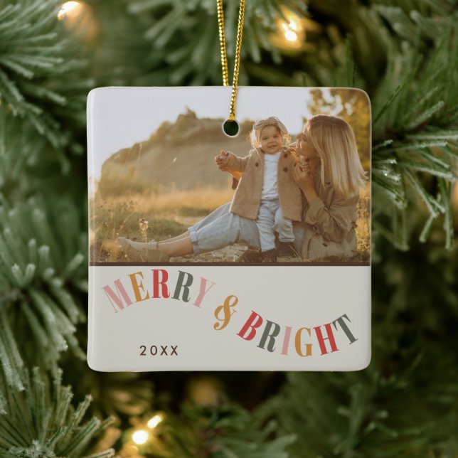 Merry and Bright Custom Family Photo Christmas Ceramic Ornament (Tree)