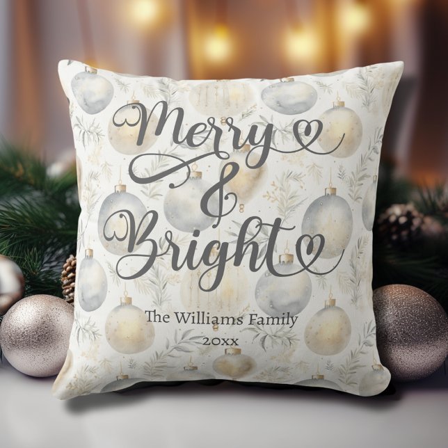 Merry and Bright Custom Gold Silver Christmas Cushion (Merry and Bright Custom Gold and Silver Christmas Throw Pillow with Ornaments, Family Name, Year.)