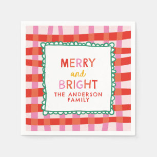 Merry and Bright Custom Holiday Red & Pink gingham Napkin
