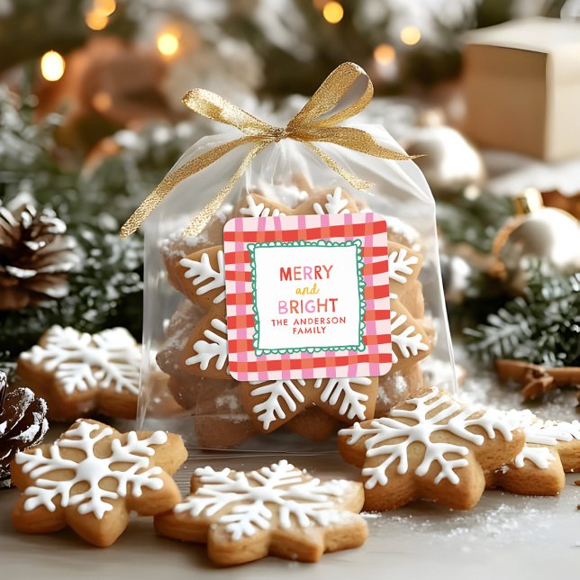 Merry and Bright Custom Holiday Red & Pink gingham Square Sticker (Creator Uploaded)