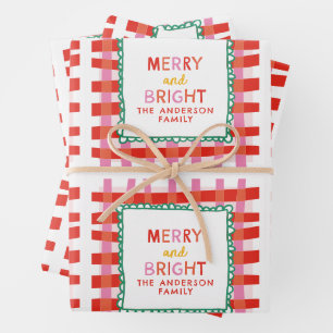 Merry and Bright Custom Holiday Red & Pink gingham Wrapping Paper Sheet