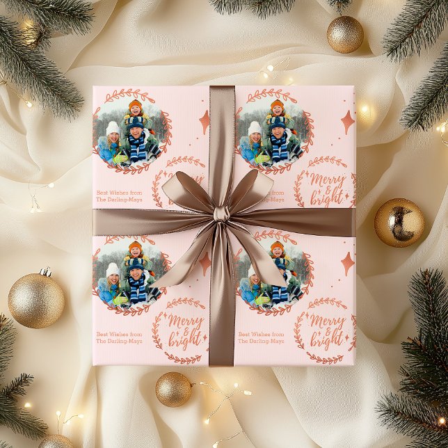 Merry and Bright Custom Photo Pink and Rose Gold Wrapping Paper (Photo christmas wrapping paper - Merry & Bright)