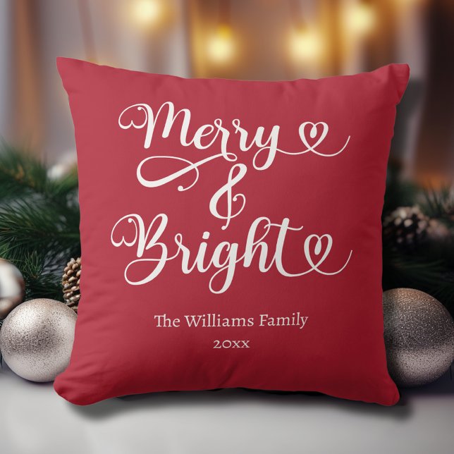 Merry and Bright Custom Red Christmas Cushion (Custom Merry and Bright Christmas Pillow with Family Name and Year in Christmas Red.)