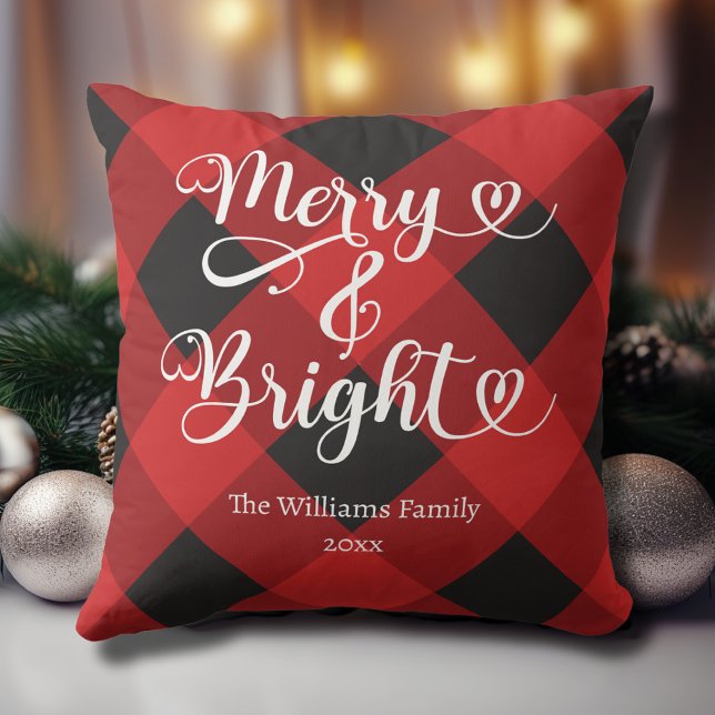 Merry and Bright Custom Red Plaid Christmas Cushion (Merry and Bright Custom Red and Black Plaid Christmas Pillow with Family Name, Year.)