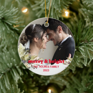 Merry and Bright   Cute Christmas Couple Photo Ceramic Tree Decoration