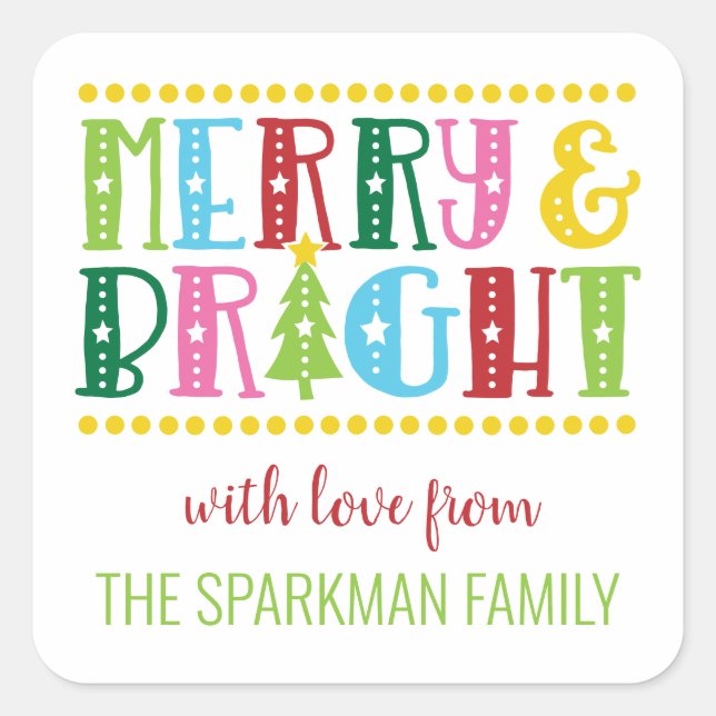 Merry and Bright Cute Colourful Christmas Holiday Square Sticker (Front)