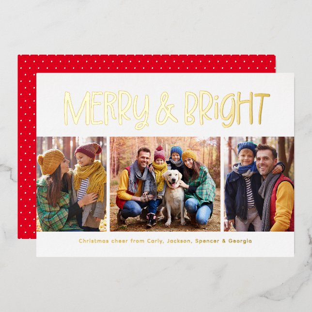 Merry and bright cute fun gold Christmas 3 photo Foil Holiday Card (Front/Back)