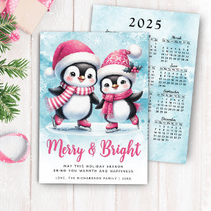 Merry and Bright Cute Penguin Blue Pink Christmas Holiday Card