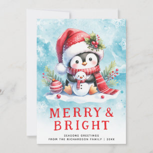 Merry and Bright Cute Penguin Blue Red Christmas Holiday Card