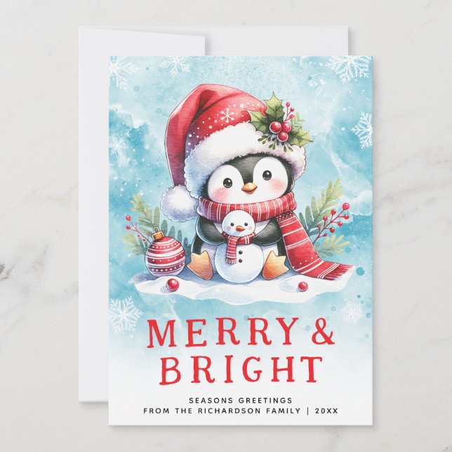 Merry and Bright Cute Penguin Blue Red Christmas Holiday Card (Front)