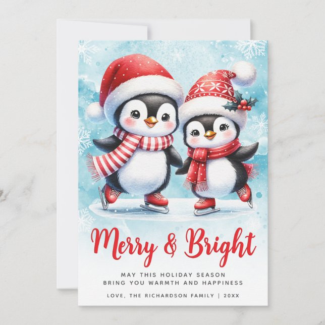 Merry and Bright Cute Penguin Blue Red Christmas Holiday Card (Front)