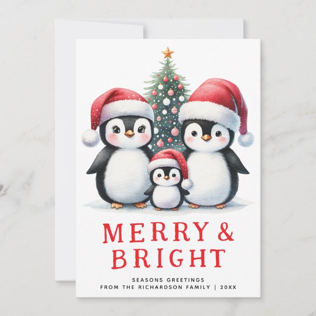 Merry and Bright Cute Penguins White Red Christmas Holiday Card (Front)