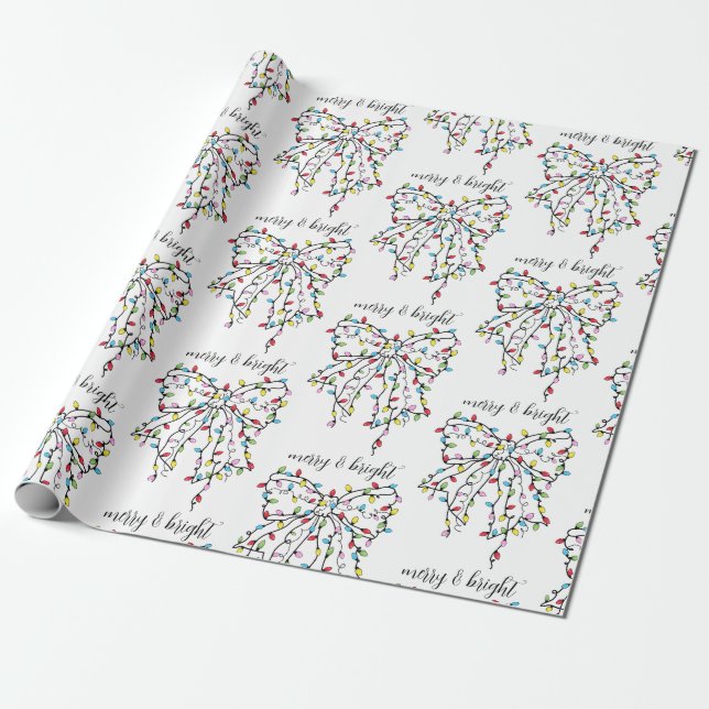 Merry And Bright Cute Ribbon Christmas Lights  Wrapping Paper (Unrolled)