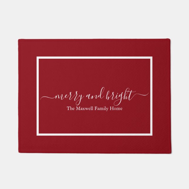 merry and bright dark red white family name doormat (Front)