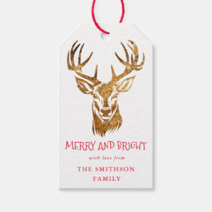 Merry and Bright, Deer Gold Glitter, Christmas Red Gift Tags
