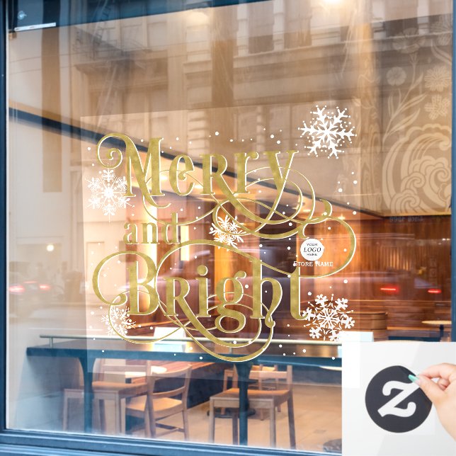 Merry and Bright, Elegant gold Christmas Cafe Window Cling (Cafe Window)
