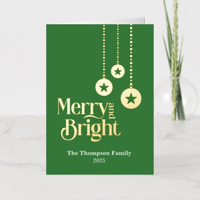 "Merry and Bright" Elegant Mid Green Folded Foil Holiday Card (Front)