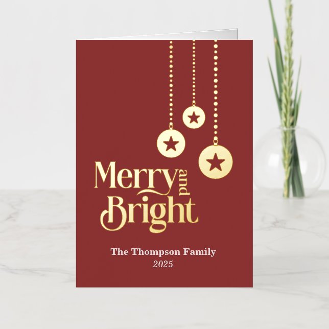 "Merry and Bright" Elegant Red Folded Foil Holiday Card (Front)