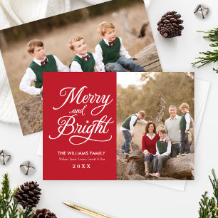 Merry and Bright Elegant Red Script Photo Collage Holiday Card