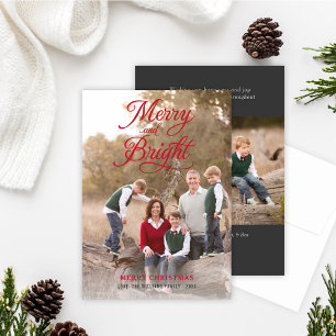 Merry and Bright Elegant Red Script Photo Collage Holiday Card