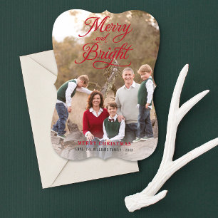Merry and Bright Elegant Red Script Photo Collage Holiday Card