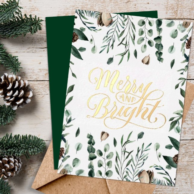 Merry And Bright Elegant Script Magnolia Greenery Foil Holiday Card (Creator Uploaded)