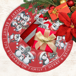 Merry and Bright Family Christmas Penguins in Red Brushed Polyester Tree Skirt