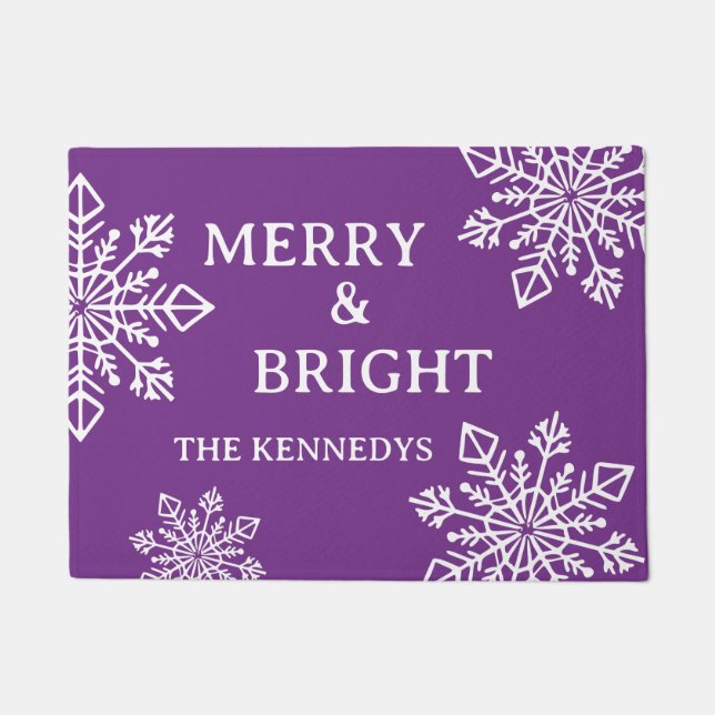 Merry And Bright Family Name Snowflake Purple Doormat (Front)