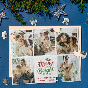 Merry and Bright Family Photo Collage Christmas Jigsaw Puzzle