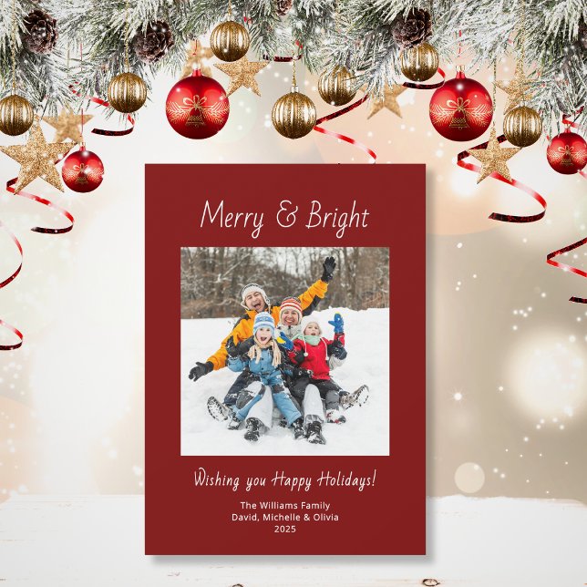 Merry and Bright Family Photo Red Christmas  Holiday Card (Creator Uploaded)
