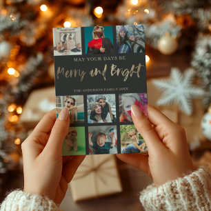 Merry and Bright Faux Gold 9 Photo Christmas  Holiday Card