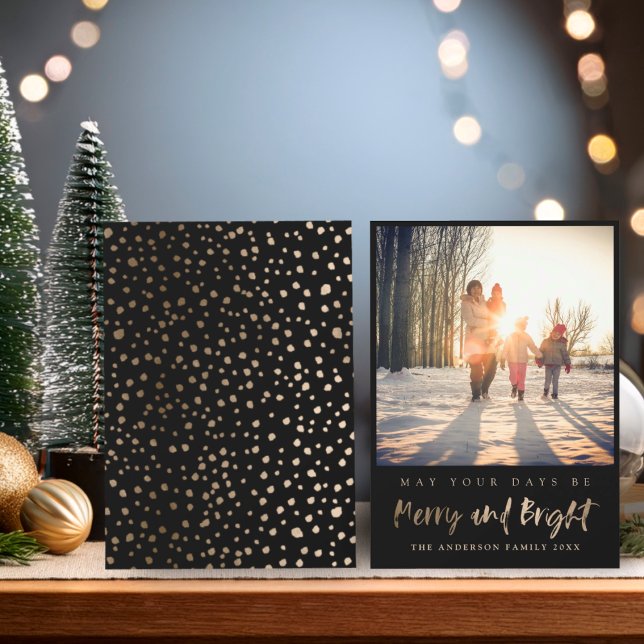 Merry and Bright Faux Gold & Black Photo Christmas Holiday Card (Creator Uploaded)