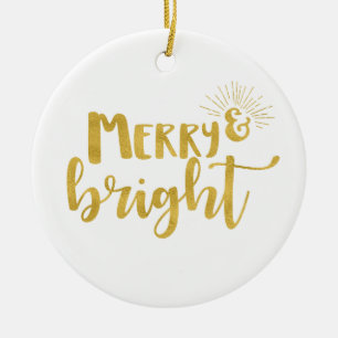 Merry and Bright Faux Gold Typography Photo Ceramic Tree Decoration