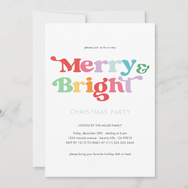 Merry And Bright Festive Colourful Retro Minimal Invitation (Front)