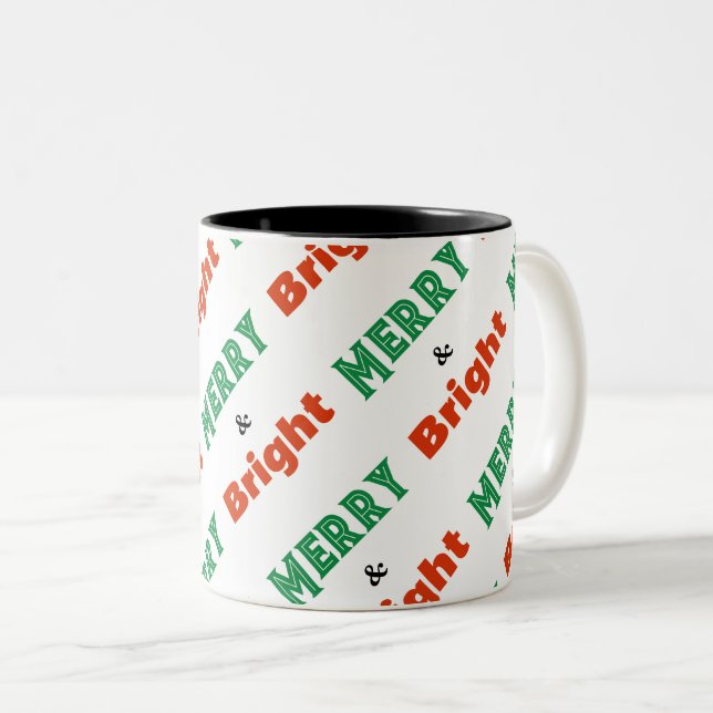 Merry and Bright Festive Red Green White Christmas Two-Tone Coffee Mug (Front Right)