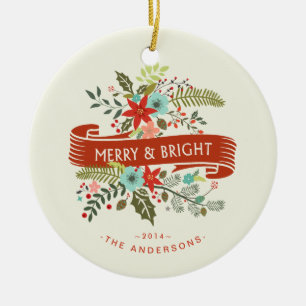 Merry and Bright Floral Holiday Family Photo Ceramic Tree Decoration