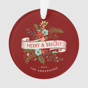 Merry and Bright Floral Holiday Family Photo Ornament