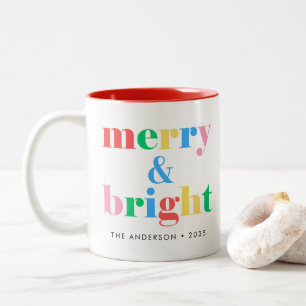 Merry and Bright Fun Colourful Typography Holiday Two-Tone Coffee Mug