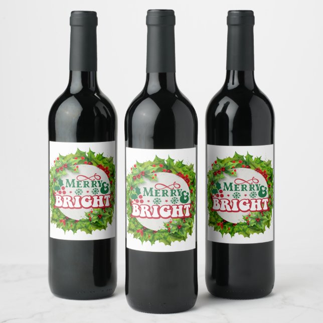 Merry And Bright Fun Holly Berries  Wine Label (Bottles)