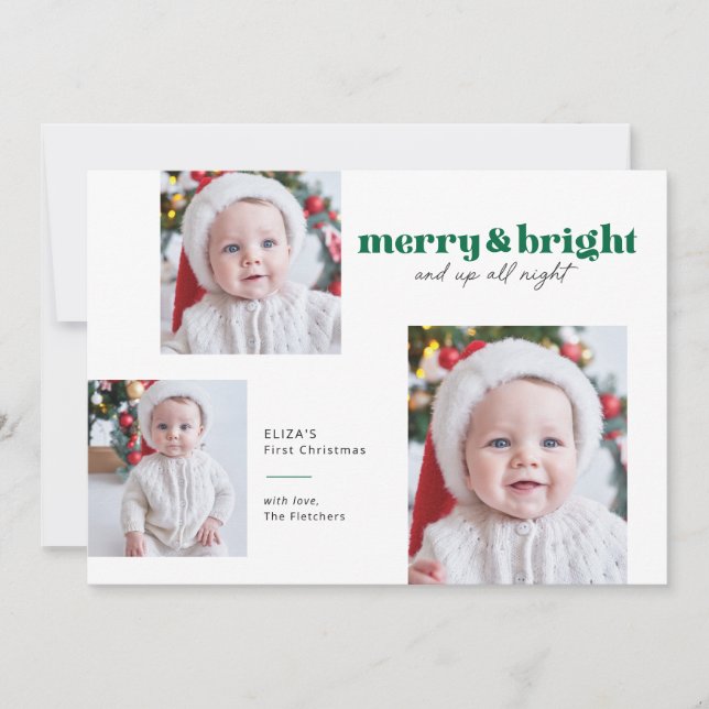 Merry and Bright Funny Babys First Christmas Card (Front)