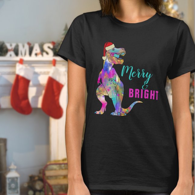 Merry and Bright Funny Santa T-Rex Quote T-Shirt (Merry and bright funny Christmas dinosaur T-shirt )