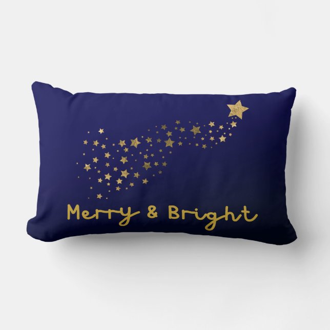 Merry And Bright Gold And Navy Blue Script Lumbar Cushion (Front)