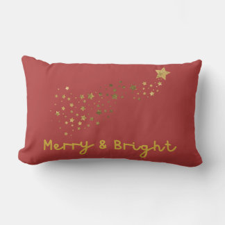 Merry And Bright Gold And Soft Red Script Lumbar Cushion