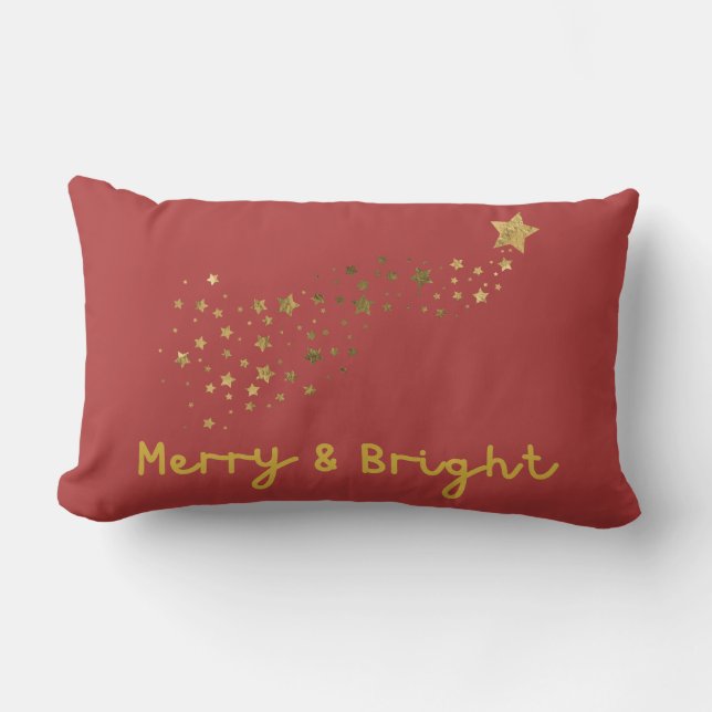 Merry And Bright Gold And Soft Red Script Lumbar Cushion (Front)